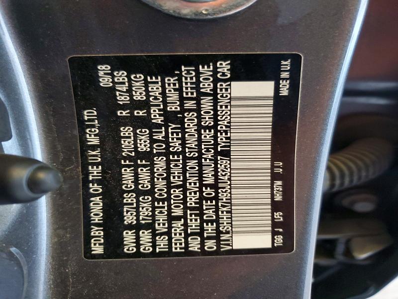 53551156 :رقم المزاد ، SHHFK7H93JU432597 vin ، 2018 Honda Civic مزاد بيع