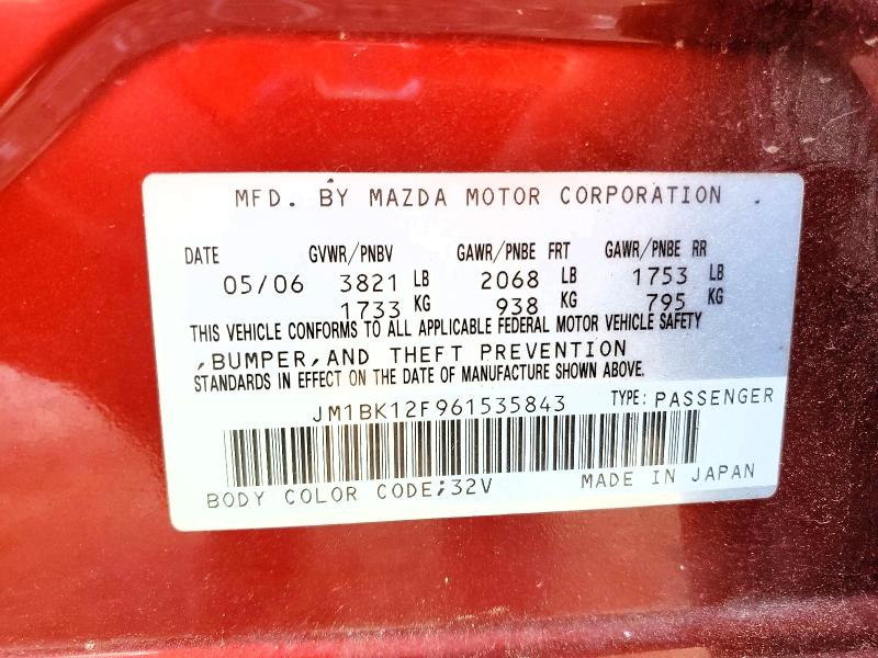 Продажа на аукционе авто 2006 Mazda 3, vin: JM1BK12F961535843, номер лота: 54204706