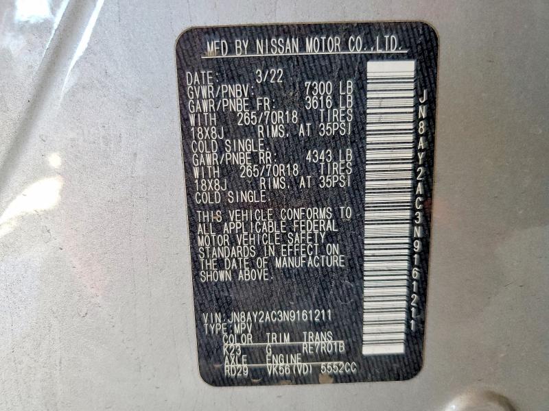 Aukcja sprzedaży 2022 Nissan Armada, vin: JN8AY2AC3N9161211, numer aukcji: 53226336