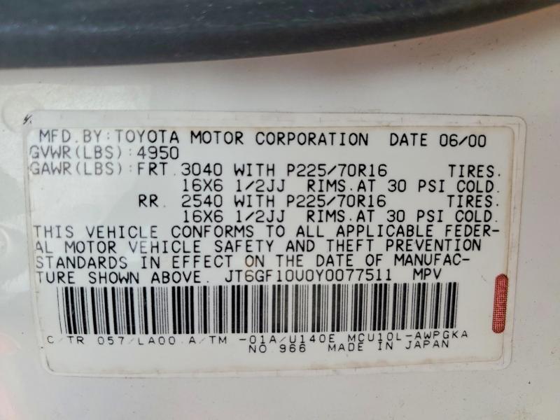 Aukcja sprzedaży 2000 Lexus Rx, vin: JT6GF10U0Y0077511, numer aukcji: 52256036