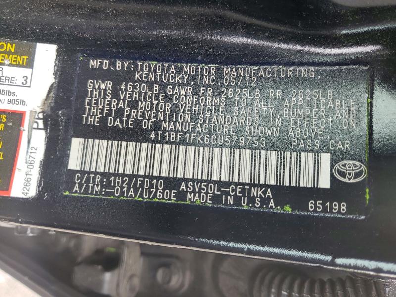 2012 Toyota Camry მანქანა იყიდება აუქციონზე, vin: 4T1BF1FK6CU579753, აუქციონის ნომერი: 54813556