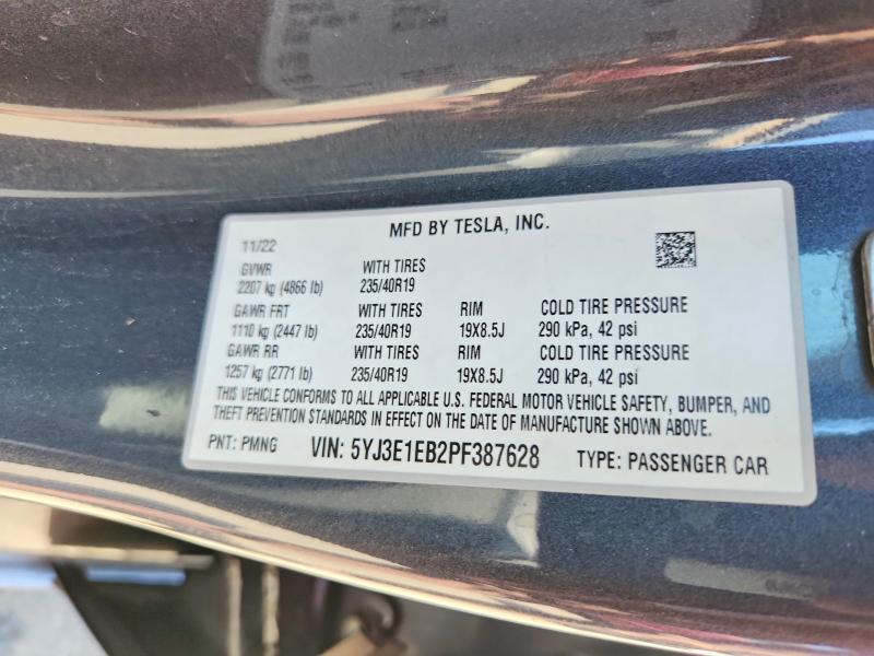 2023 Tesla Model 3 მანქანა იყიდება აუქციონზე, vin: 5YJ3E1EB2PF387628, აუქციონის ნომერი: 54316936