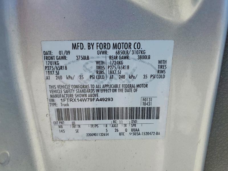 2009 Ford F150 მანქანა იყიდება აუქციონზე, vin: 1FTRX14W79FA49293, აუქციონის ნომერი: 54893056