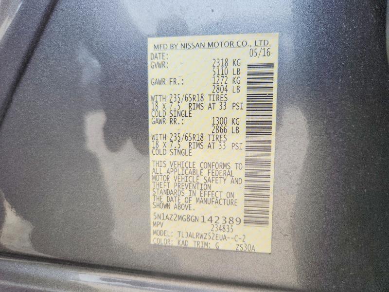 Aukcja sprzedaży 2016 Nissan Murano, vin: 5N1AZ2MG8GN142389, numer aukcji: 53532356