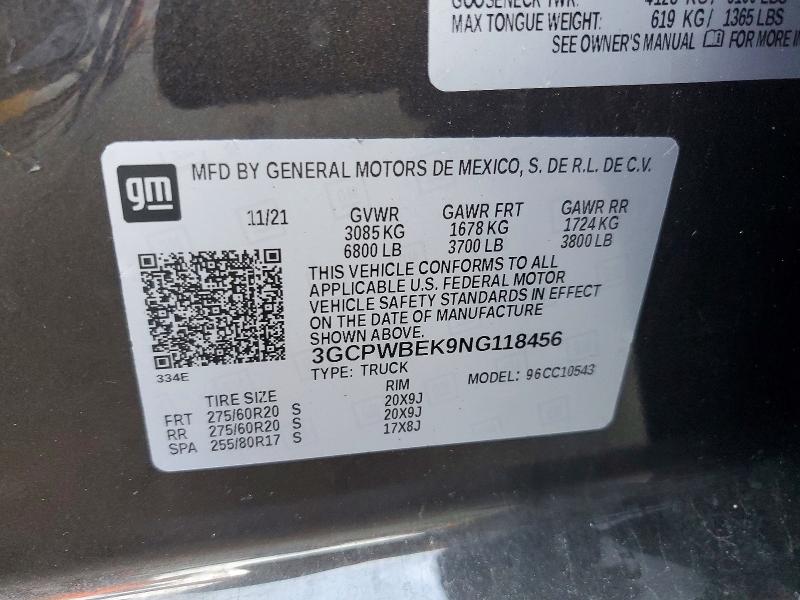 2022 Chevrolet Silverado Ltd მანქანა იყიდება აუქციონზე, vin: 3GCPWBEK9NG118456, აუქციონის ნომერი: 53625016