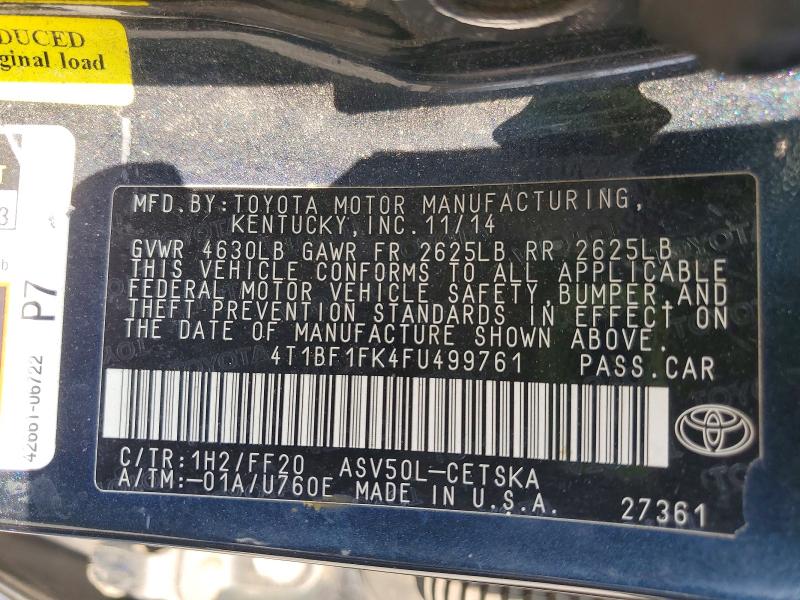 53401736 :رقم المزاد ، 4T1BF1FK4FU499761 vin ، 2015 Toyota Camry مزاد بيع