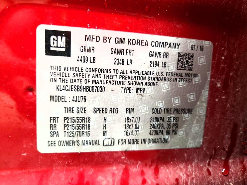 2017 Buick Encore მანქანა იყიდება აუქციონზე, vin: KL4CJESB9HB007030, აუქციონის ნომერი: 54837016