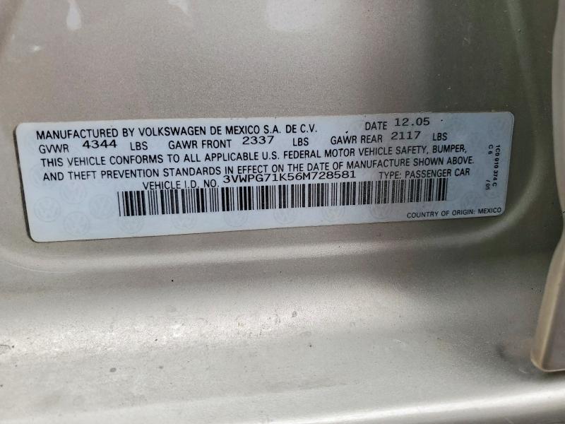 54201056 :رقم المزاد ، 3VWPG71K56M728581 vin ، 2006 Volkswagen Jetta مزاد بيع