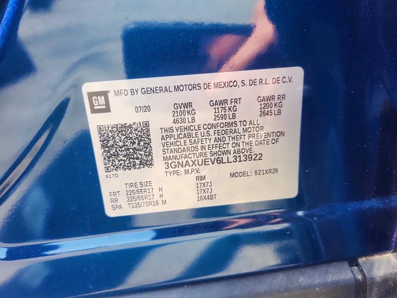 Продаж на аукціоні авто 2020 Chevrolet Equinox, vin: 3GNAXUEV6LL313922, номер лоту: 53580386