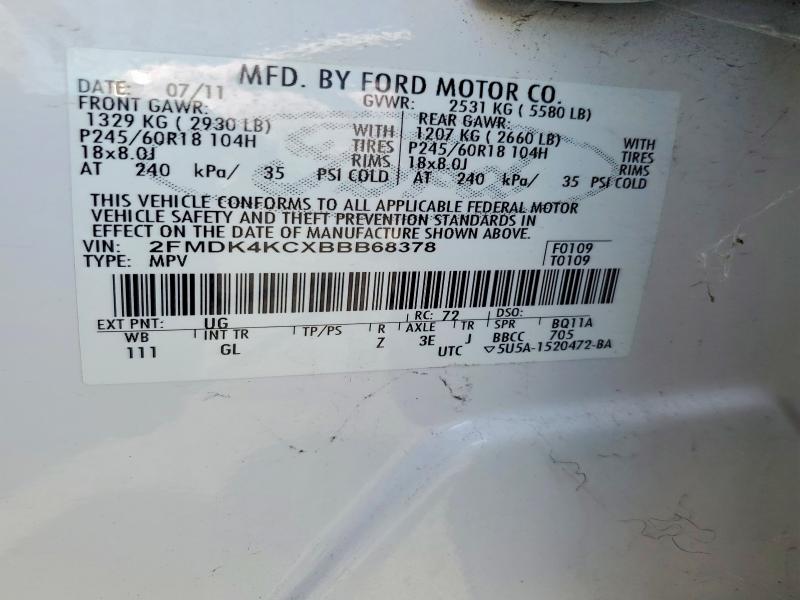 2011 Ford Edge მანქანა იყიდება აუქციონზე, vin: 2FMDK4KCXBBB68378, აუქციონის ნომერი: 53455576