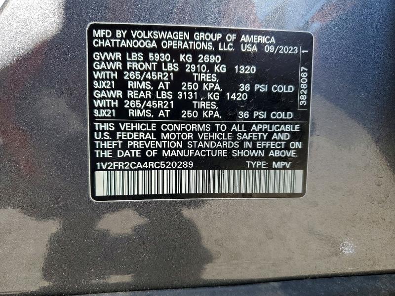 51472346 :رقم المزاد ، 1V2FR2CA4RC520289 vin ، 2024 Volkswagen Atlas مزاد بيع
