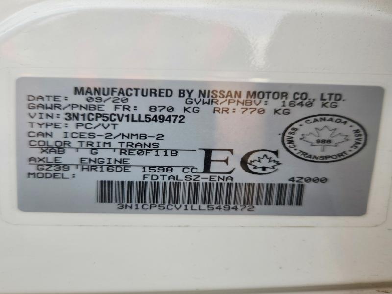 53285536 :رقم المزاد ، 3N1CP5CV1LL549472 vin ، 2020 Nissan Kicks مزاد بيع
