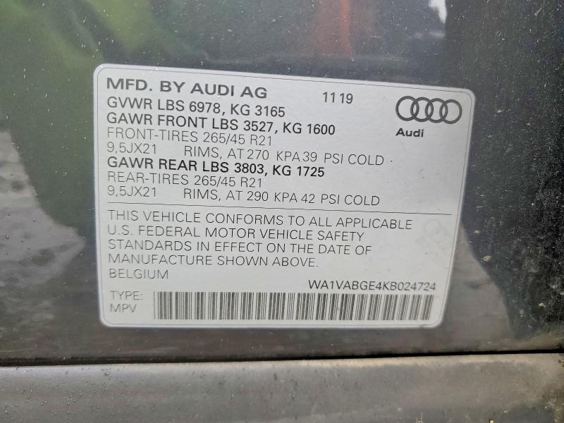2019 Audi E-tron მანქანა იყიდება აუქციონზე, vin: WA1VABGE4KB024724, აუქციონის ნომერი: 51176596