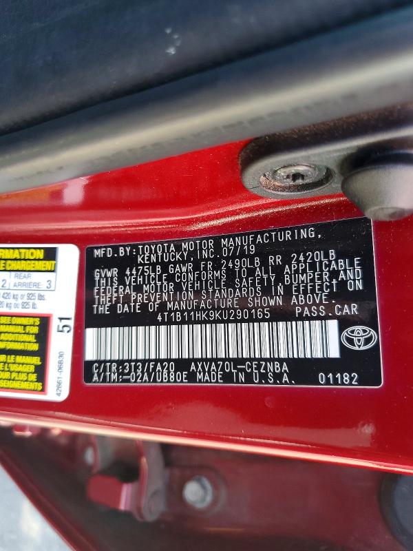 Aukcja sprzedaży 2019 Toyota Camry, vin: 4T1B11HK9KU290165, numer aukcji: 54078726