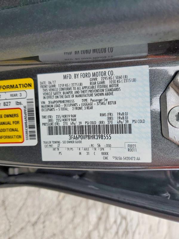 Aukcja sprzedaży 2017 Ford Fusion, vin: 3FA6P0VP8HR398555, numer aukcji: 51823076