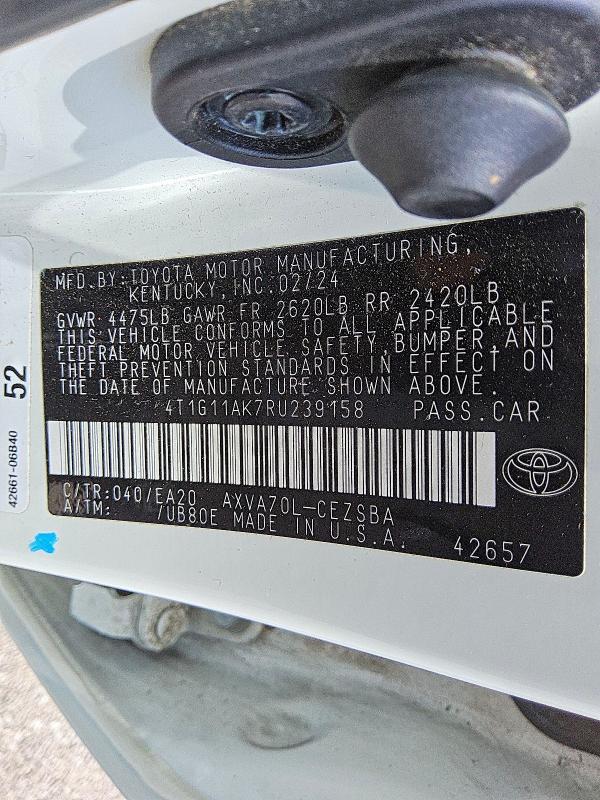 2024 Toyota Camry მანქანა იყიდება აუქციონზე, vin: 4T1G11AK7RU239158, აუქციონის ნომერი: 51826156