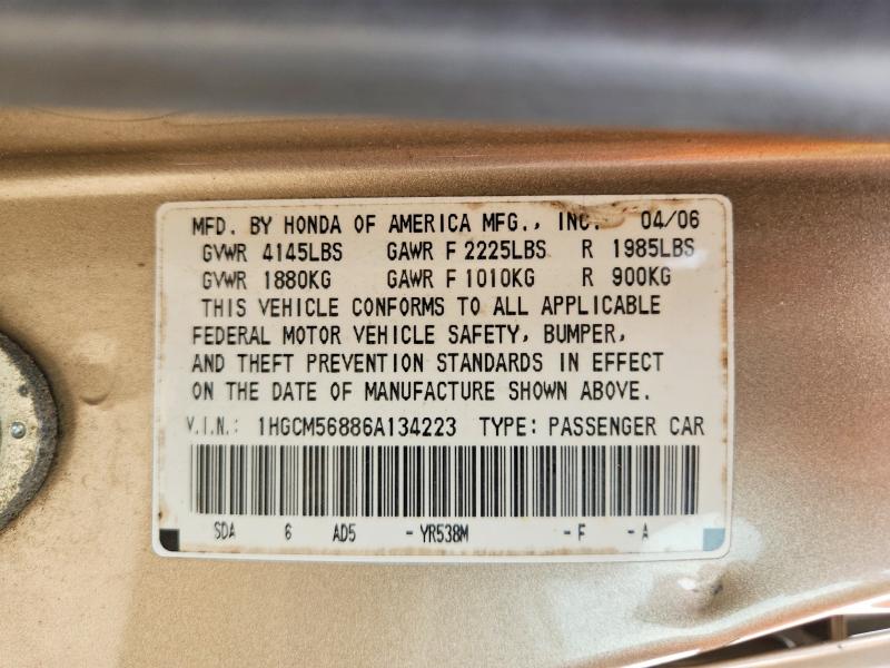2006 Honda Accord მანქანა იყიდება აუქციონზე, vin: 1HGCM56886A134223, აუქციონის ნომერი: 54006336