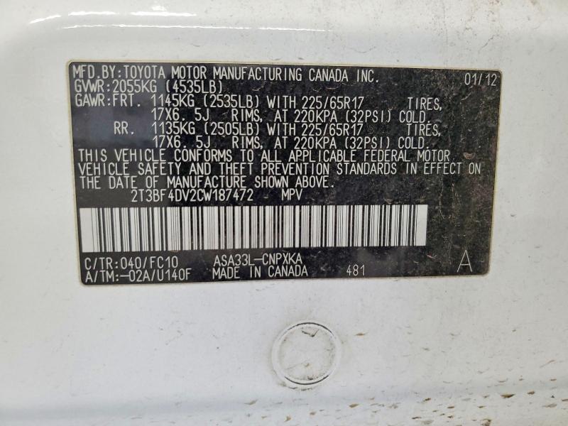 Aukcja sprzedaży 2012 Toyota Rav4, vin: 2T3BF4DV2CW187472, numer aukcji: 53586326