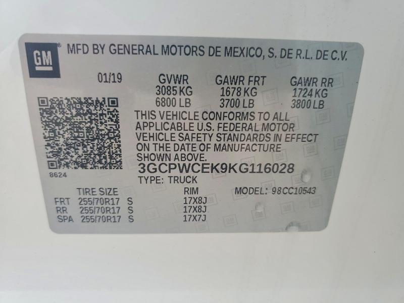 59748126 :رقم المزاد ، 3GCPWCEK9KG116028 vin ، 2019 Chevrolet Silverado مزاد بيع