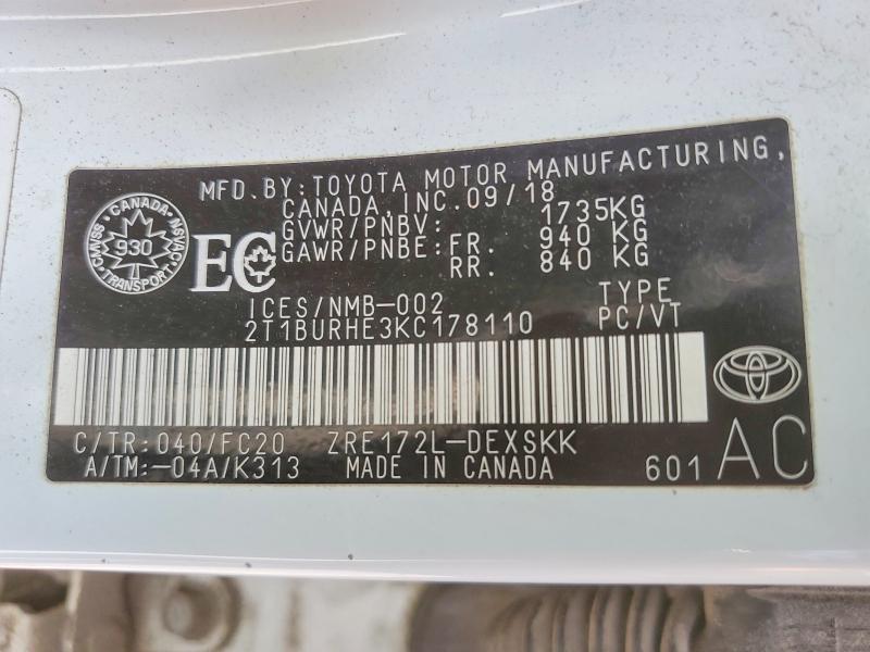 Auction sale of the 2019 Toyota Corolla, vin: 2T1BURHE3KC178110, lot number: 55035186