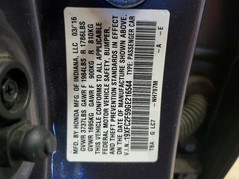 Aukcja sprzedaży 2016 Honda Civic, vin: 19XFC2F59GE216544, numer aukcji: 54123416