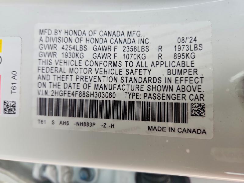55104636 :رقم المزاد ، 2HGFE4F88SH303060 vin ، 2025 Honda Civic مزاد بيع