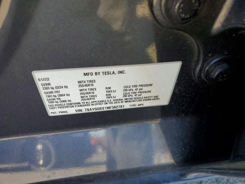 2022 Tesla Model Y მანქანა იყიდება აუქციონზე, vin: 7SAYGDEE1NF362781, აუქციონის ნომერი: 53596856