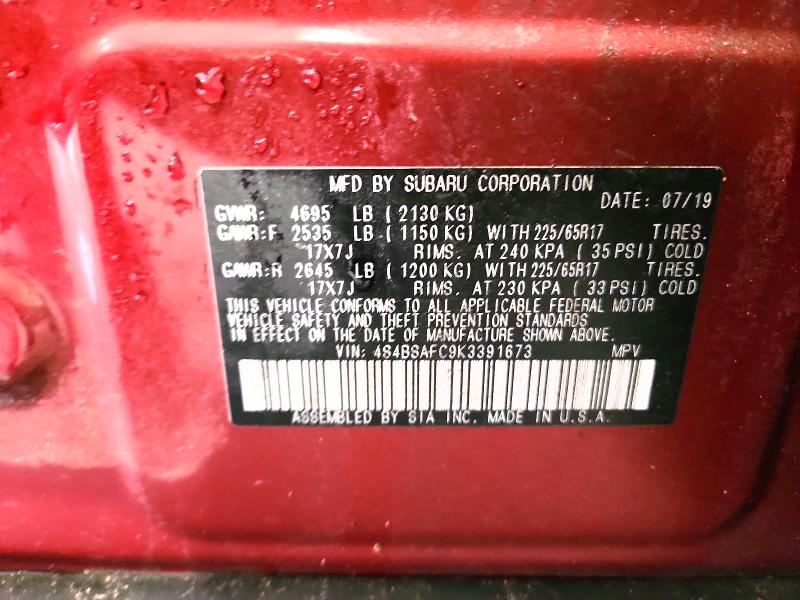 54020006 :رقم المزاد ، 4S4BSAFC9K3391673 vin ، 2019 Subaru Outback مزاد بيع