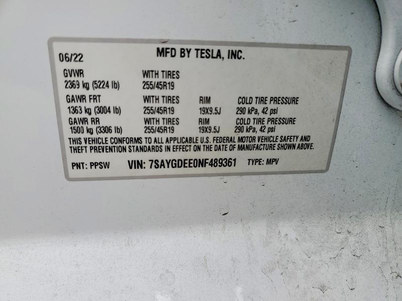 Продажа на аукционе авто 2022 Tesla Model Y, vin: 7SAYGDEE0NF489361, номер лота: 53441766