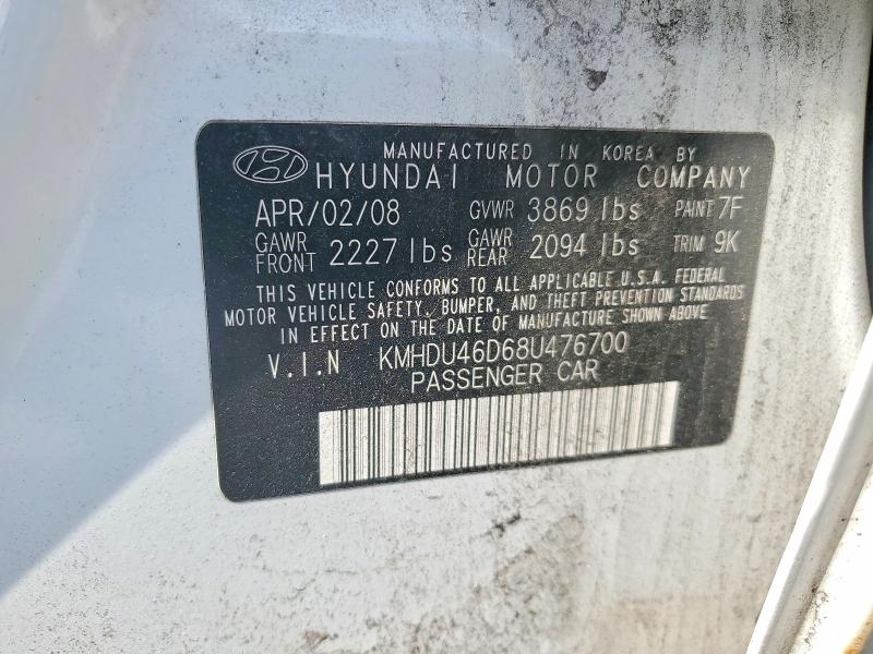 53567666 :رقم المزاد ، KMHDU46D68U476700 vin ، 2008 Hyundai Elantra مزاد بيع