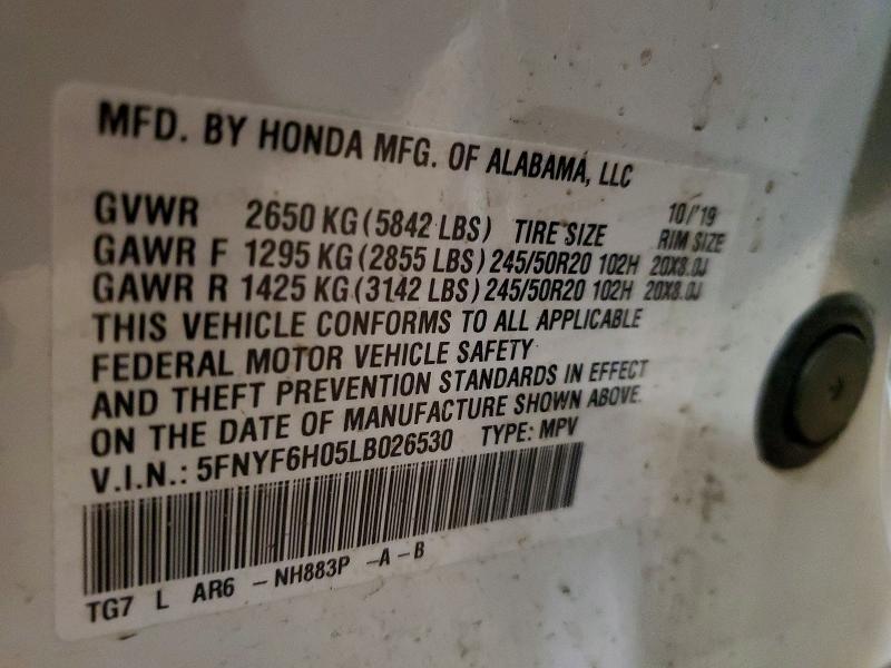 2020 Honda Pilot მანქანა იყიდება აუქციონზე, vin: 5FNYF6H05LB026530, აუქციონის ნომერი: 53535556