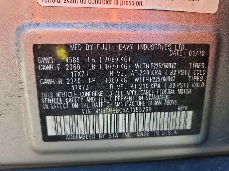 53290036 :رقم المزاد ، 4S4BRBBCXA3355268 vin ، 2010 Subaru Outback مزاد بيع