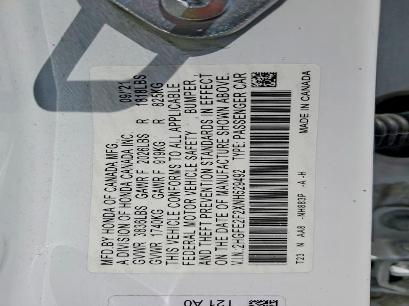 Продаж на аукціоні авто 2022 Honda Civic, vin: 2HGFE2F2XNH529492, номер лоту: 53299746