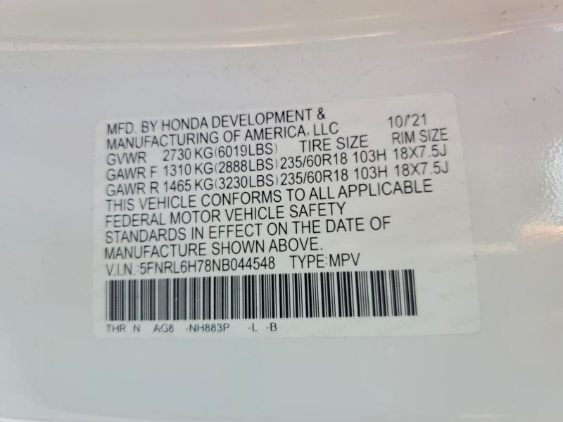 2022 Honda Odyssey მანქანა იყიდება აუქციონზე, vin: 5FNRL6H78NB044548, აუქციონის ნომერი: 53345436