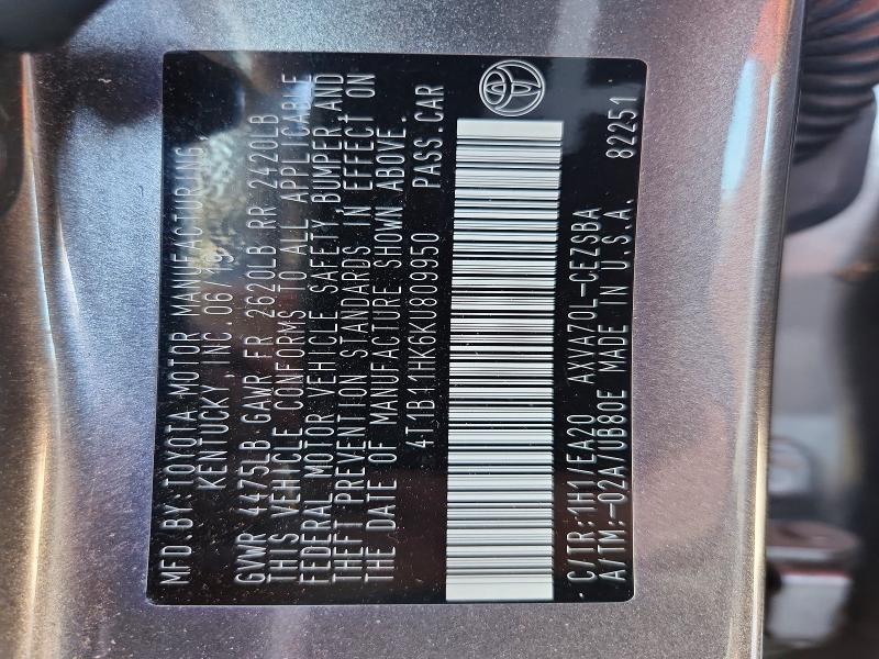 2019 Toyota Camry მანქანა იყიდება აუქციონზე, vin: 4T1B11HK6KU809950, აუქციონის ნომერი: 51689606