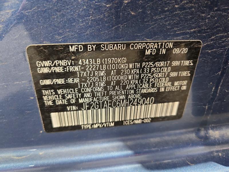 Aukcja sprzedaży 2021 Subaru Crosstrek, vin: JF2GTAEC6MH249040, numer aukcji: 52429716