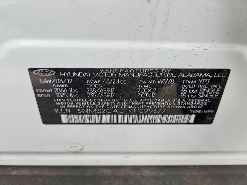 Продаж на аукціоні авто 2019 Hyundai Santa Fe, vin: 5NMS2CAD1KH099677, номер лоту: 52835386