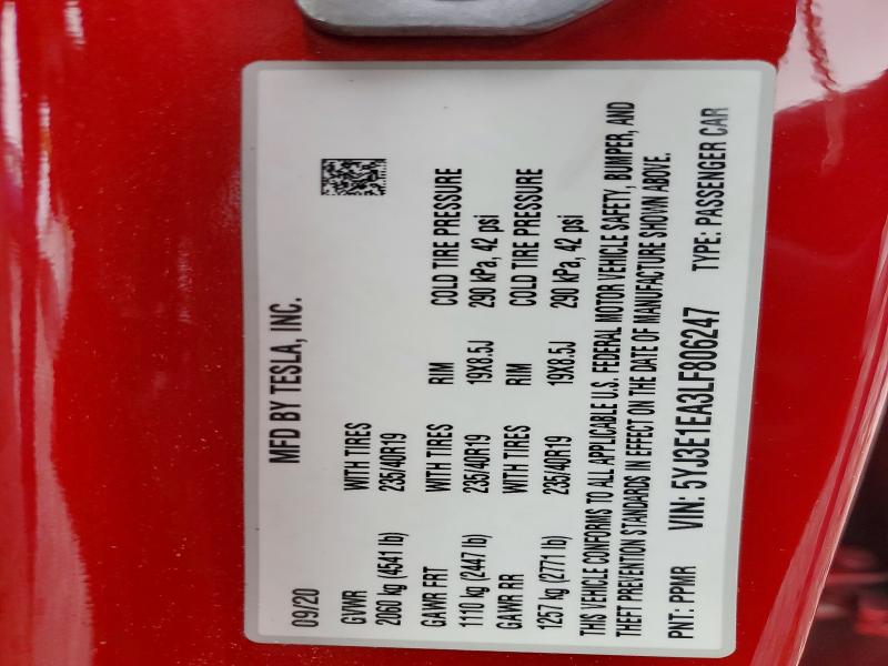 Продажа на аукционе авто 2020 Tesla Model 3, vin: 5YJ3E1EA3LF806247, номер лота: 53271496