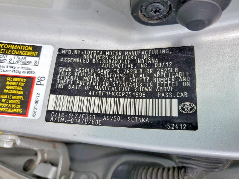 2012 Toyota Camry მანქანა იყიდება აუქციონზე, vin: 4T4BF1FKXCR251998, აუქციონის ნომერი: 55268716
