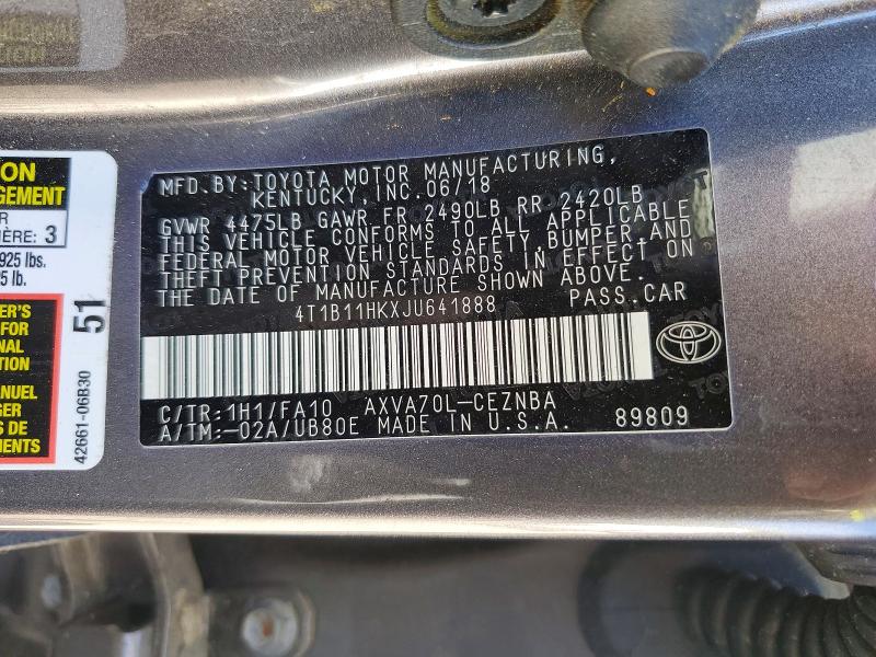 Продажа на аукционе авто 2018 Toyota Camry, vin: 4T1B11HKXJU641888, номер лота: 52294336