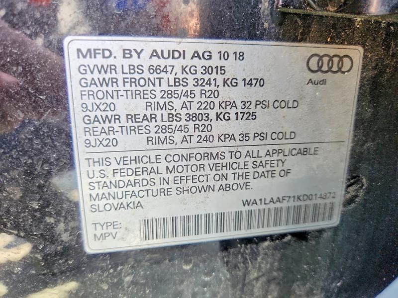 Продаж на аукціоні авто 2019 Audi Q7, vin: WA1LAAF71KD014872, номер лоту: 53624746