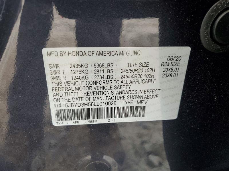 Aukcja sprzedaży 2020 Acura Mdx, vin: 5J8YD3H58LL010028, numer aukcji: 52784076