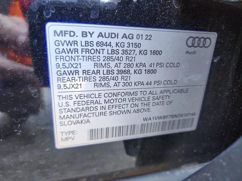 2022 Audi Sq7 მანქანა იყიდება აუქციონზე, vin: WA1VWBF79ND010749, აუქციონის ნომერი: 52464196