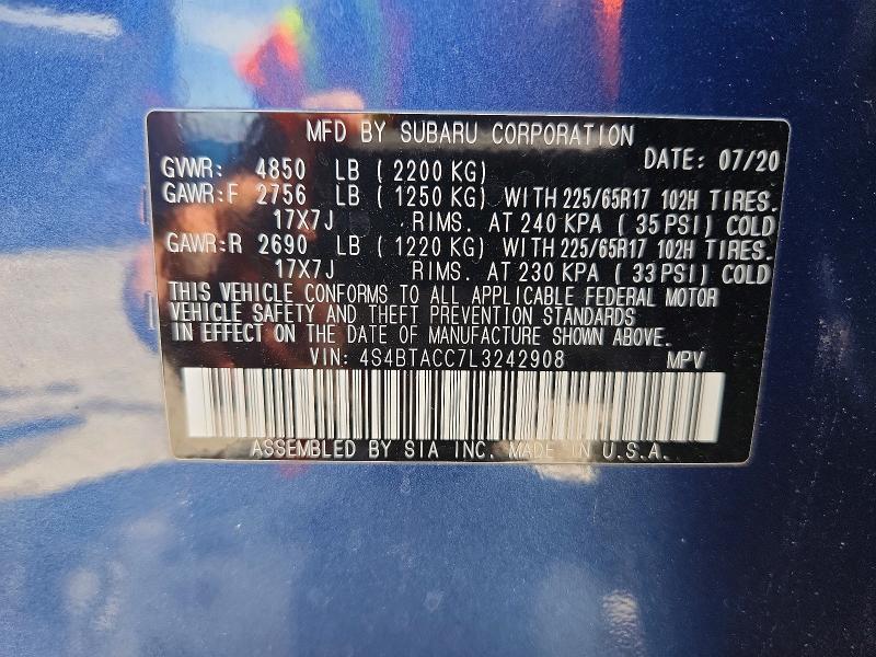 52956356 :رقم المزاد ، 4S4BTACC7L3242908 vin ، 2020 Subaru Outback مزاد بيع