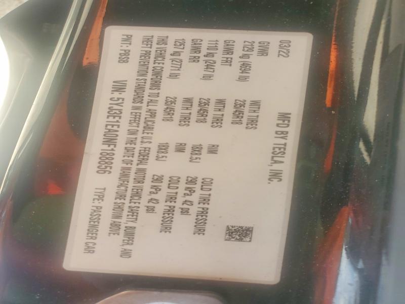 55115026 :رقم المزاد ، 5YJ3E1EA0NF188856 vin ، 2022 Tesla Model 3 مزاد بيع
