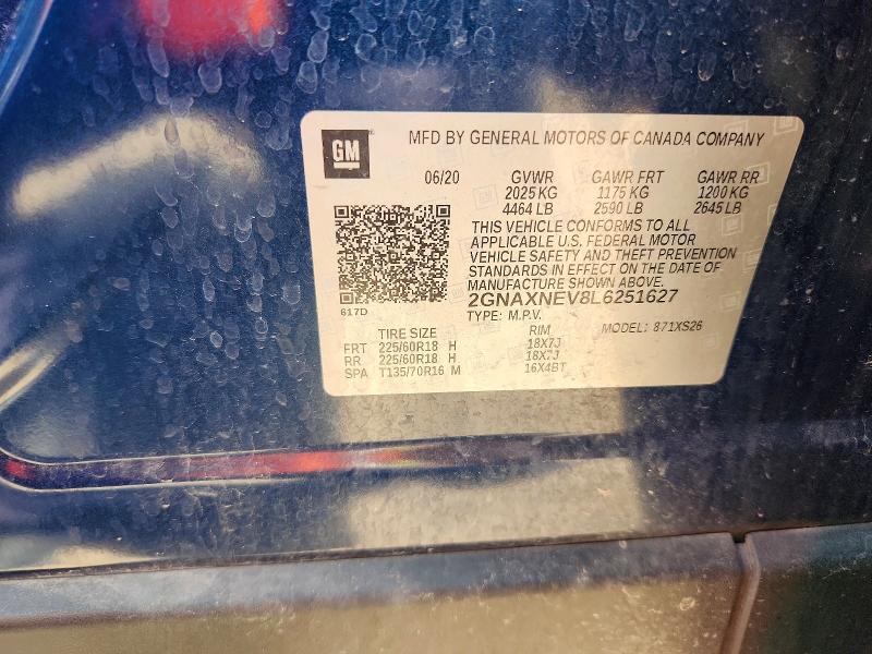 53385376 :رقم المزاد ، 2GNAXNEV8L6251627 vin ، 2020 Chevrolet Equinox مزاد بيع