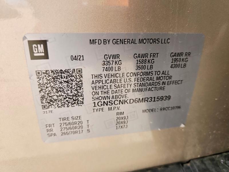 52451496 :رقم المزاد ، 1GNSCNKD6MR315939 vin ، 2021 Chevrolet Tahoe مزاد بيع