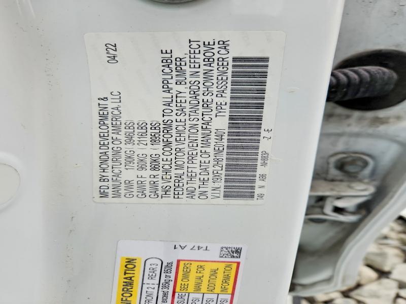 52679276 :رقم المزاد ، 19XFL2H81NE014401 vin ، 2022 Honda Civic مزاد بيع