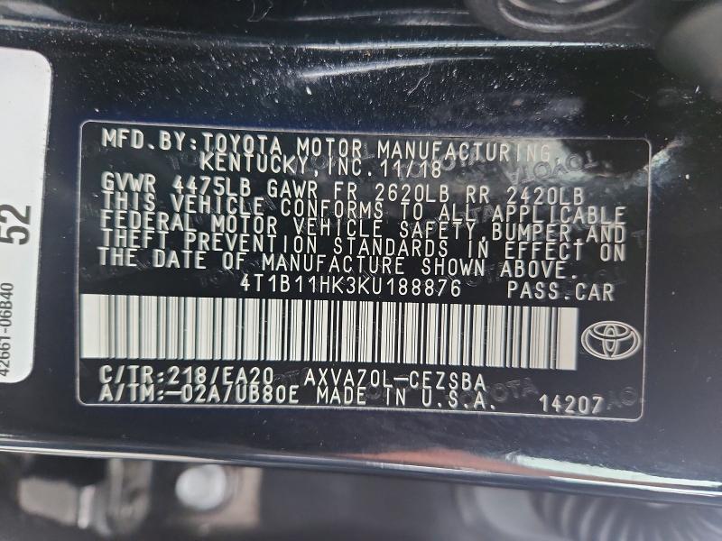 50670966 :رقم المزاد ، 4T1B11HK3KU188876 vin ، 2019 Toyota Camry مزاد بيع
