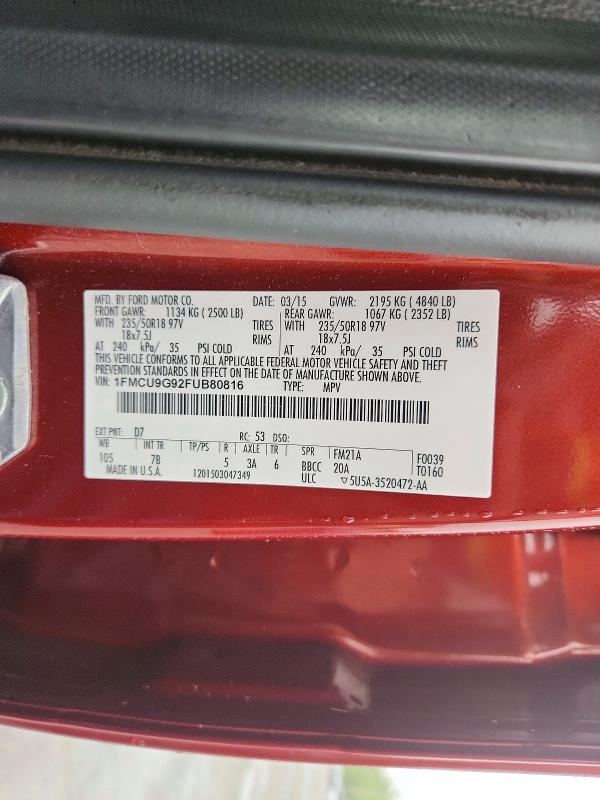 2015 Ford Escape მანქანა იყიდება აუქციონზე, vin: 1FMCU9G92FUB80816, აუქციონის ნომერი: 52319046